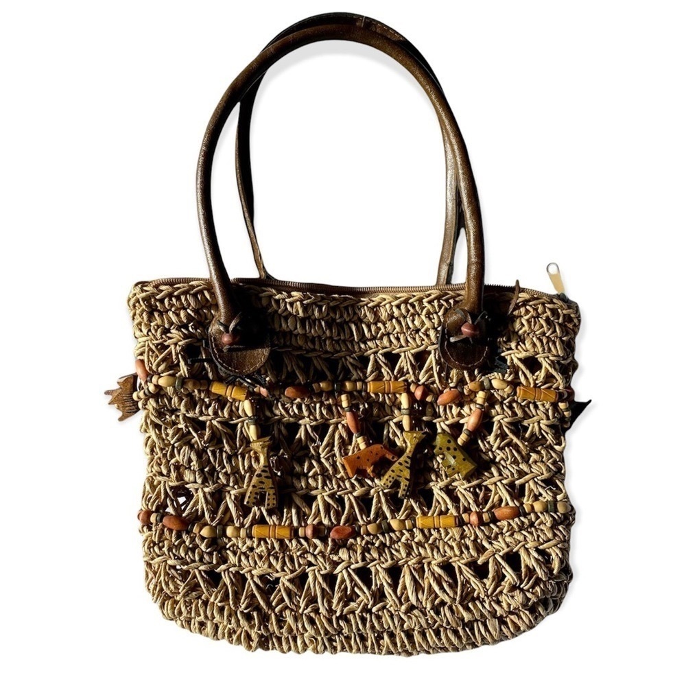 St. John's Bay Beaded Straw Shoulder/Tote Wooden Animal Beads - Picture 3 of 10